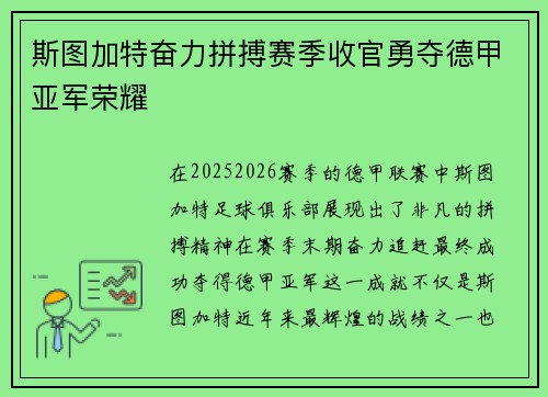 斯图加特奋力拼搏赛季收官勇夺德甲亚军荣耀