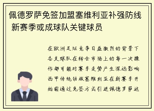 佩德罗萨免签加盟塞维利亚补强防线 新赛季或成球队关键球员