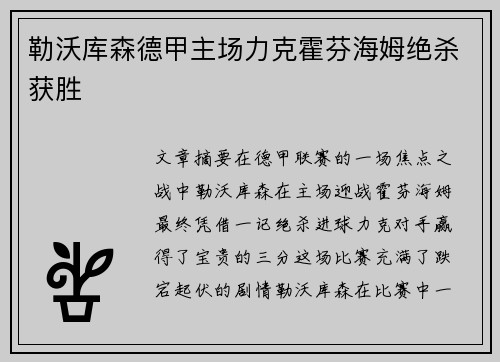 勒沃库森德甲主场力克霍芬海姆绝杀获胜