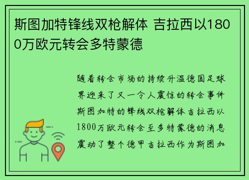 斯图加特锋线双枪解体 吉拉西以1800万欧元转会多特蒙德